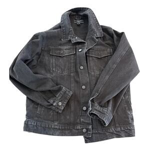 Forever 21 Denim Jacket Mens XL Black Guadalupe Graphic Back Trucker Distressed